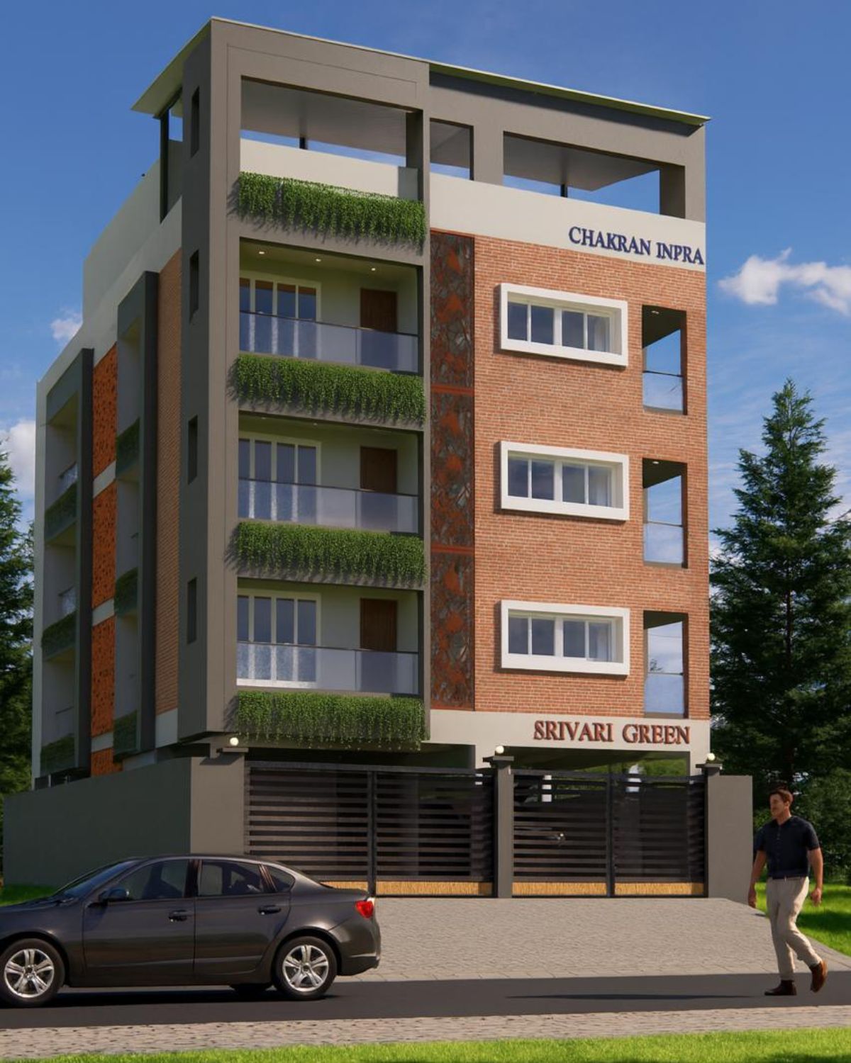 Brick-clad facade with glass balustrades