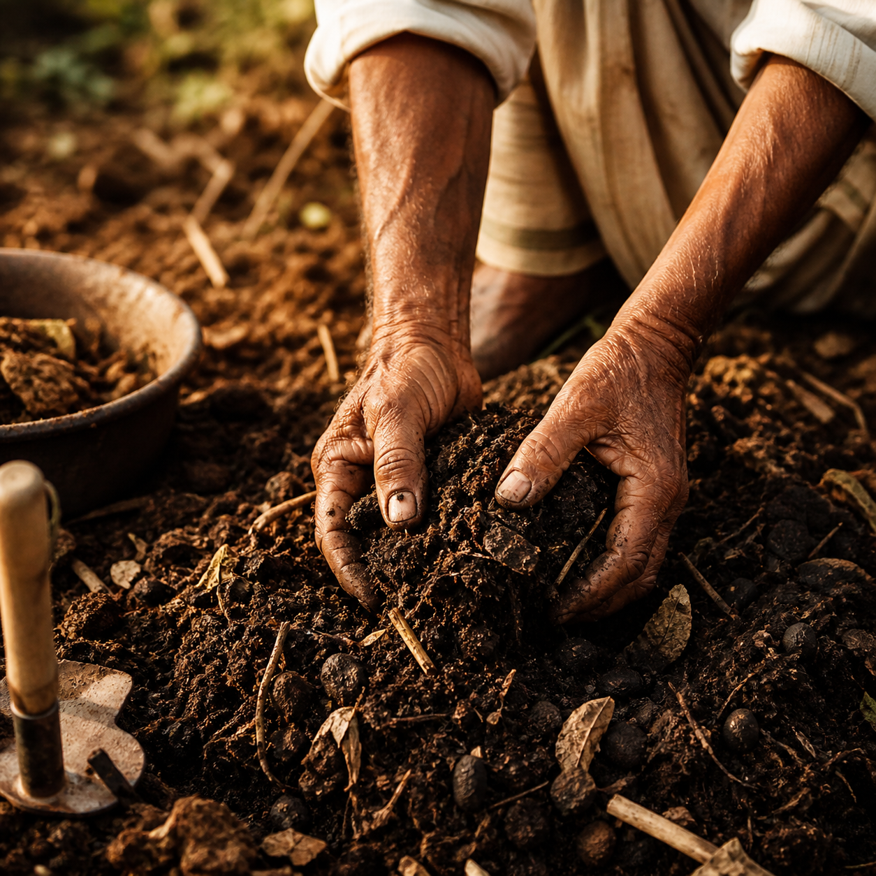 A farmer feeding the soil with compost and natural nutrients
