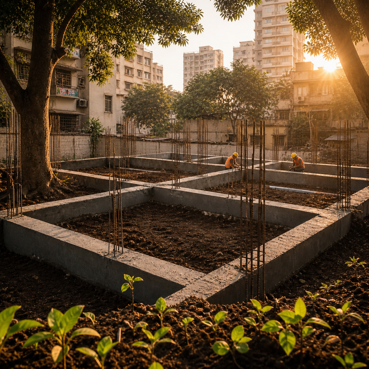 Foundation construction beginning on healthy prepared land