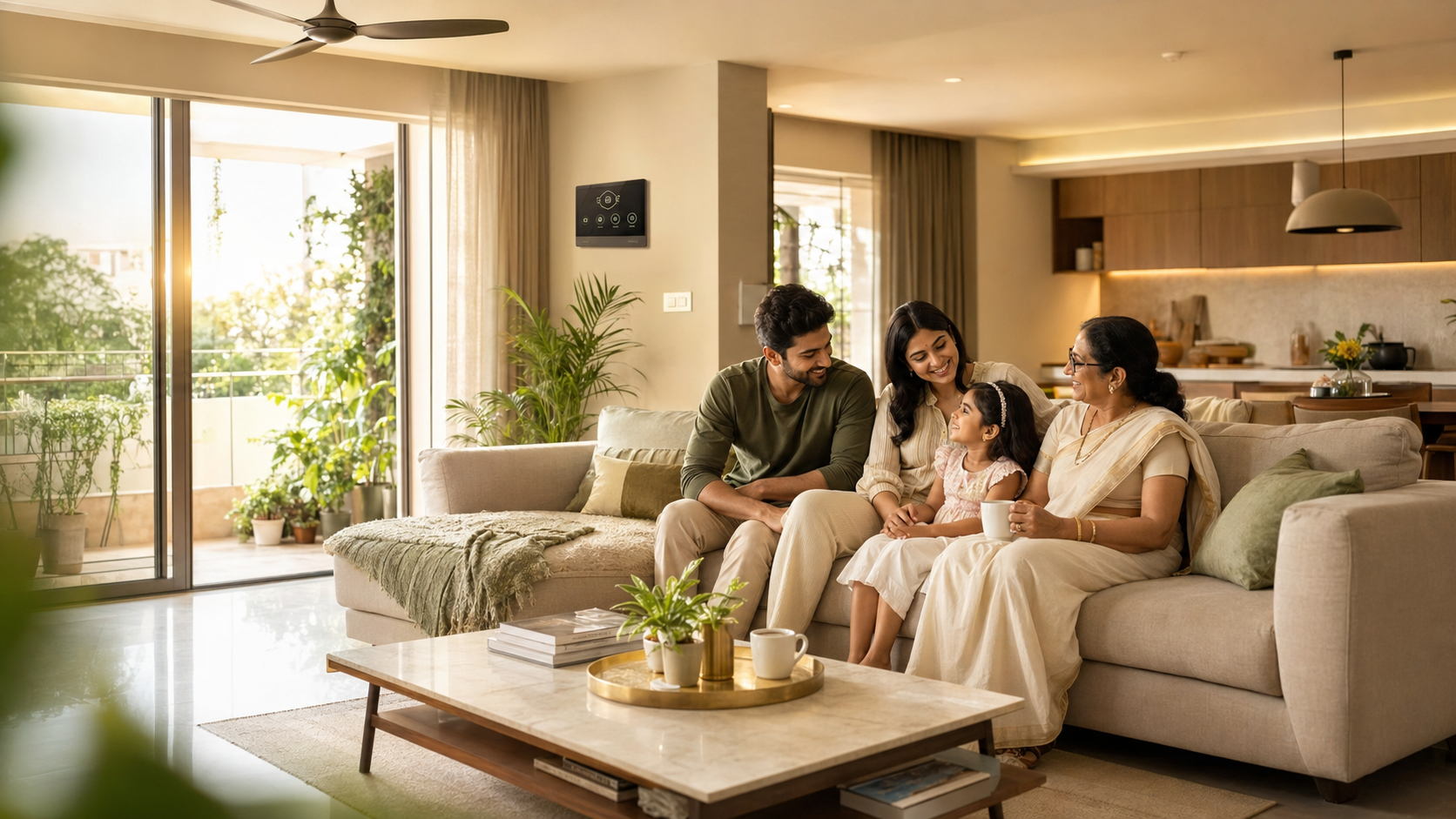 Happy family in a sustainable apartment living room at Srivari Green