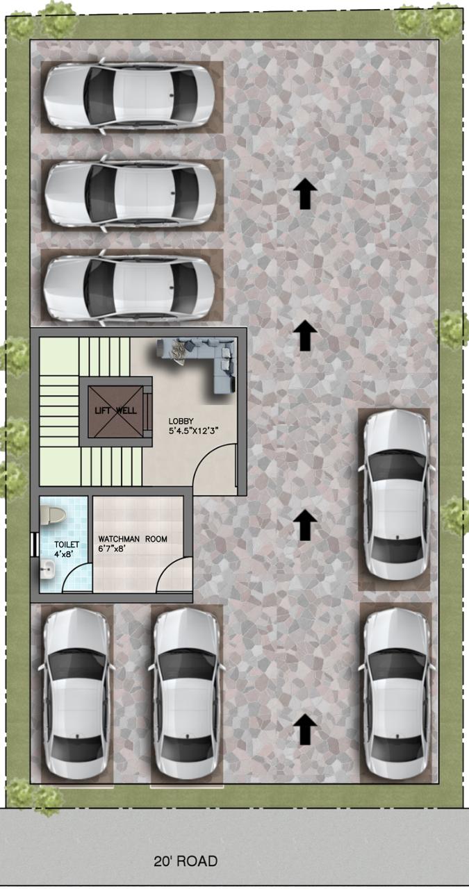 Stilt floor parking — one per residence